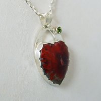 Red Horn Coral and Peridot Heart Pendant with Hummingbird