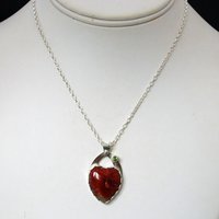 Red Horn Coral and Peridot Heart Pendant with Hummingbird