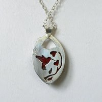Red Horn Coral and Peridot Heart Pendant with Hummingbird