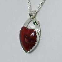 Red Horn Coral and Peridot Heart Pendant with Hummingbird