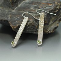 Hammered Silver Stick Earrings with Peridot,August Birthstone Earrings