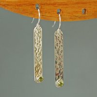 Hammered Silver Stick Earrings with Peridot,August Birthstone Earrings