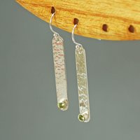 Hammered Silver Stick Earrings with Peridot,August Birthstone Earrings