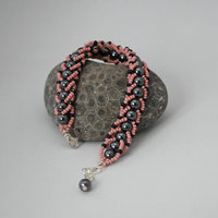 Hematite and Black Onyx Beaded Bracelet, Black and Pink