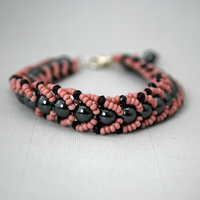 Hematite and Black Onyx Beaded Bracelet, Black and Pink