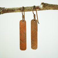Copper Dangle Earrings, Leaf Impressed Texture