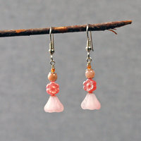 Pink Czech Glass Flower Earrings with Pink Opals