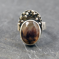 Moss agate silver ring straight on view of top of ring