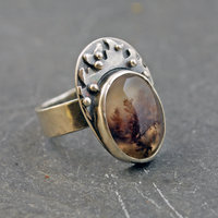 Moss agate silver ring, angle view