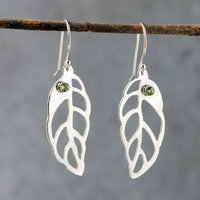Silver Leaf Earrings with Peridot hanging front
