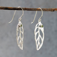 Silver Leaf Earrings with Peridot hanging angle