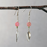 Pink Czech Glass Flower earrings with Silver Leaves