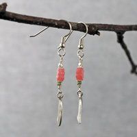 Pink Czech Glass Flower earrings with Silver Leaves