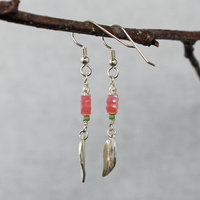 Pink Czech Glass Flower earrings with Silver Leaves