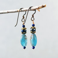 Blue Czech Glass Owl Earrings with Lapis Lazuli