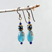 Blue Czech Glass Owl Earrings with Lapis Lazuli