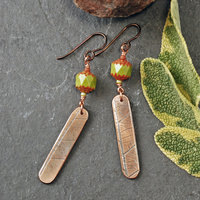 Green Czech Glass Earrings, Copper Leaf Impressed Dangles