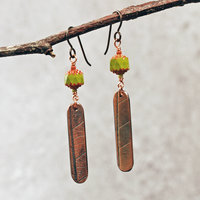 Green Czech Glass Earrings, Copper Leaf Impressed Dangles