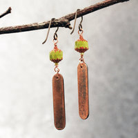 Green Czech Glass Earrings, Copper Leaf Impressed Dangles