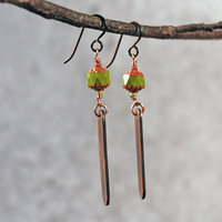 Green Czech Glass Earrings, Copper Leaf Impressed Dangles