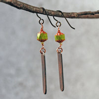 Green Czech Glass Earrings, Copper Leaf Impressed Dangles