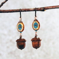 Impressed Copper Acorn Earrings, Czech Glass