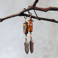 Impressed Copper Acorn Earrings, Czech Glass