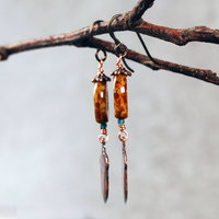 Impressed Copper Acorn Earrings, Czech Glass