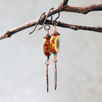 Impressed Copper Acorn Earrings, Czech Glass