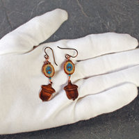 Impressed Copper Acorn Earrings, Czech Glass