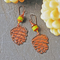 Copper Pine Cone Earrings with Czech Glass