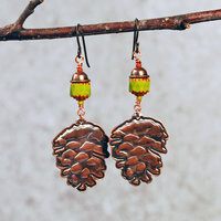 Copper Pine Cone Earrings with Czech Glass