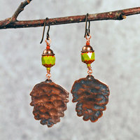 Copper Pine Cone Earrings with Czech Glass