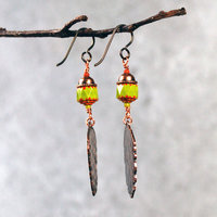 Copper Pine Cone Earrings with Czech Glass