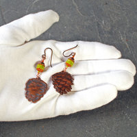 Copper Pine Cone Earrings with Czech Glass