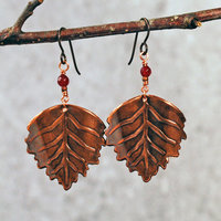 Copper Leaf Earrings with Garnets
