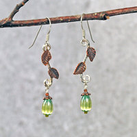 Silver Earrings with Copper Leaves, Czech Glass Drops