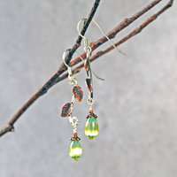 Silver Earrings with Copper Leaves, Czech Glass Drops