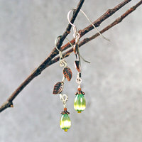 Silver Earrings with Copper Leaves, Czech Glass Drops
