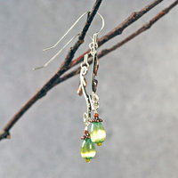 Silver Earrings with Copper Leaves, Czech Glass Drops