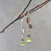 Silver Earrings with Copper Leaves, Czech Glass Drops