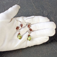 Silver Earrings with Copper Leaves, Czech Glass Drops