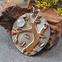 Autumn Tree Pendant, Silver, Copper, Bronze, Moonstone