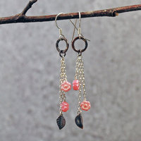 Silver, Copper Earrings with Pink Czech Glass Flowers