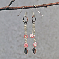 Silver, Copper Earrings with Pink Czech Glass Flowers