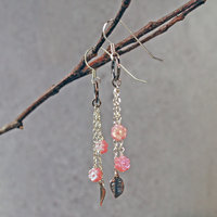 Silver, Copper Earrings with Pink Czech Glass Flowers