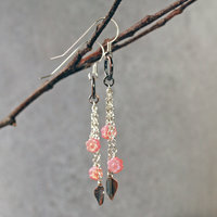 Silver, Copper Earrings with Pink Czech Glass Flowers
