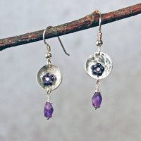 Silver Amethyst Beaded Riveted Earrings