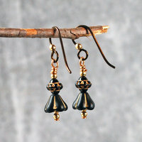 Czech Glass Earrings, Black and Gold