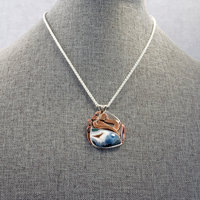 Snake pendant hanging - Agate with druzy and bronze snake above it